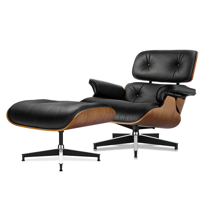 Fotoliu Lounge Chair cu Ottoman furnir nuc piele neagra