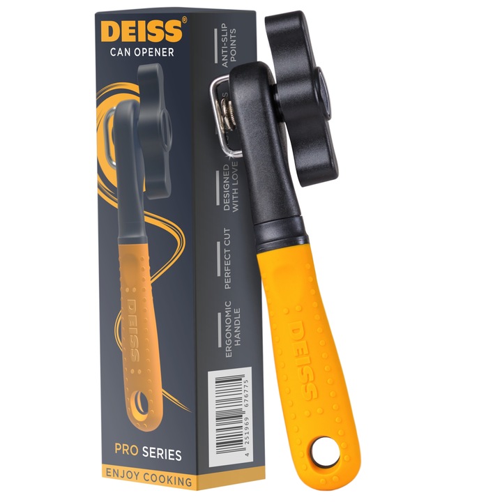 Ръчна отварачка за консерви Deiss PRO, изработена от неръждаема стомана, с удобна оранжева дръжка