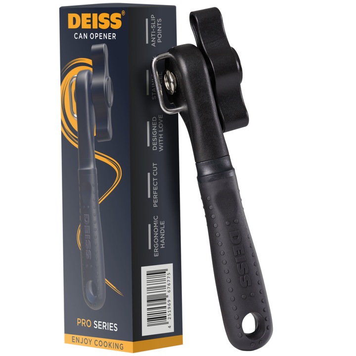 Ръчна отварачка за консерви Deiss PRO, изработена от неръждаема стомана, с удобна черна дръжка