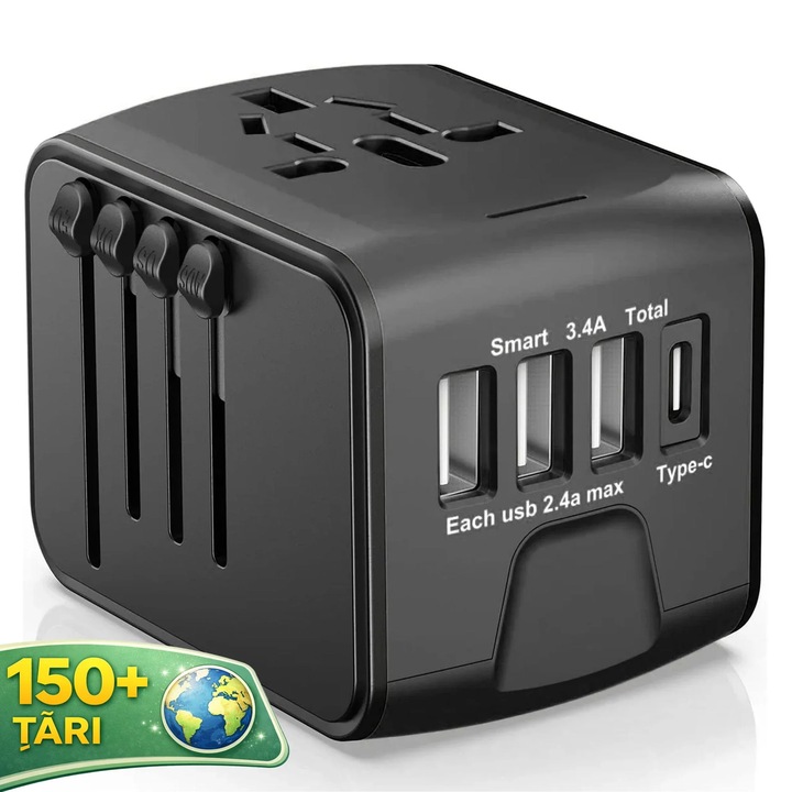 Adaptor Universal Priza Calatorie Timebox 6 In 1, Incarcator Global Portabil, 2 x USB + 3 x Type-C, Fast Charge 65W, Compatibil iPhone, Samsung, Huawei, MacBook, Laptop, Tableta, Priza US UK EU Asia Australia, 100-240V, Siguranta, Negru