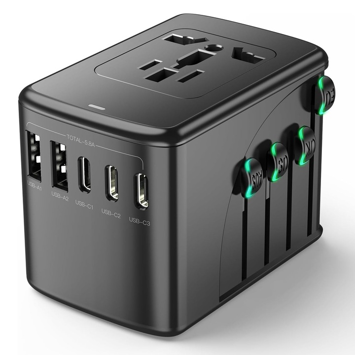 Univerzális töltő adapter, Utazási csatlakozó, 2 x USB, 3 x Type C számára US, UK, EU, Australia & Asia, Kompatibilis Samsung, iPhone, Huawei, MacBook, laptop, Xiaomi, Fekete