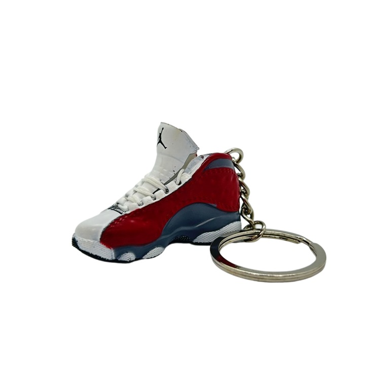 Breloc pentru chei model Air Jordan 13 Retro “Gym Red” x aka “Red Flint Edition, PVC + Cauciuc, Handmade, 5cm x 2cm x 2cm, Rosu + Alb