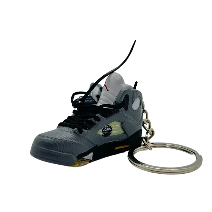 Breloc pentru chei model OFF-WHITE x Air Jordan 5 Retro SP "Muslin" Edition, PVC + Cauciuc, Handmade, 5cm x 2cm x 2cm, Albastru + Negru