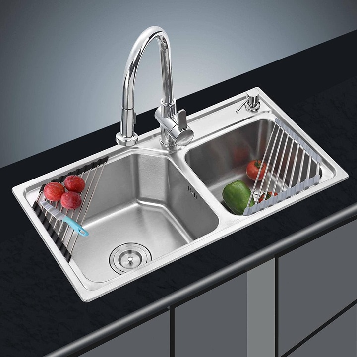 Комплект от 2 отцедника за съдове, силикон/неръждаема стомана, сгъваеми, сребристи