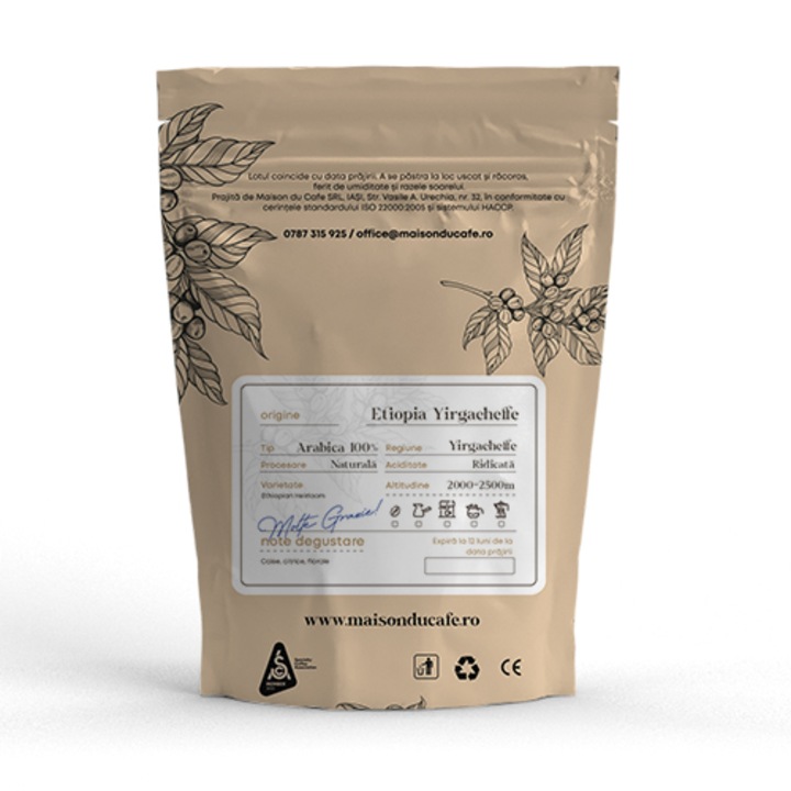 Cafea boabe proaspat prajita Etiopia Yirgacheffe 100 % Arabica Single Origin Maison du Cafe 250 g
