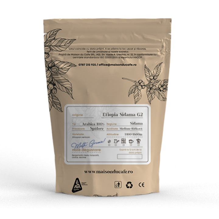 Cafea boabe proaspat prajita Etiopia Sidama G2 100 % Arabica Single Origin Maison du Cafe 250 g