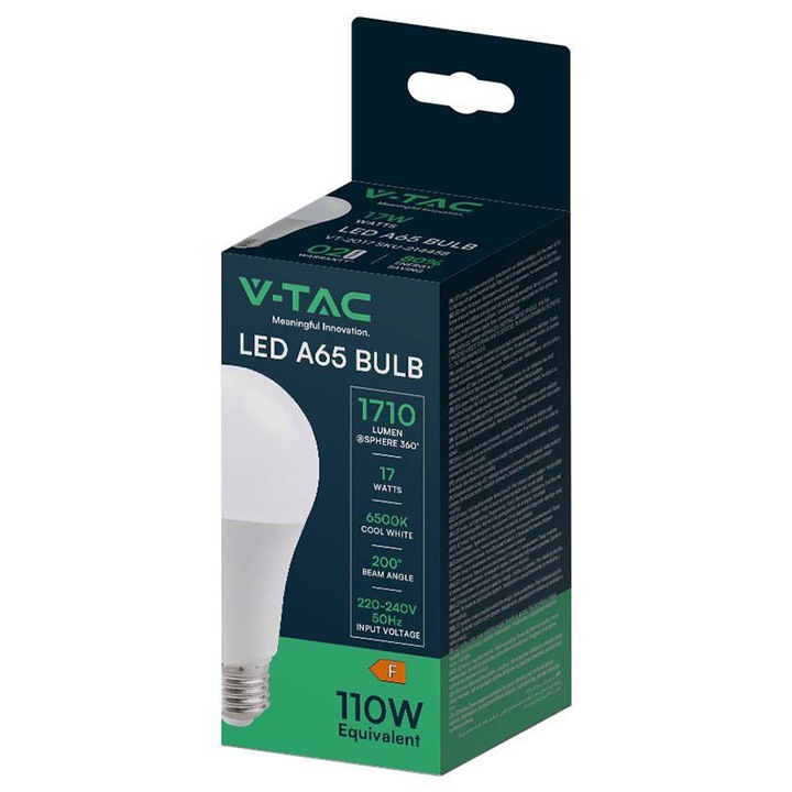 Bec led A65 E27 17W 6500K alb rece, IP20, V-TAC - eMAG.ro