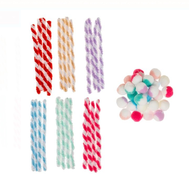 Set Sarma plusata si Pom-pom, 50 piese, activitate senzoriala, art&crafts, 3 ani +