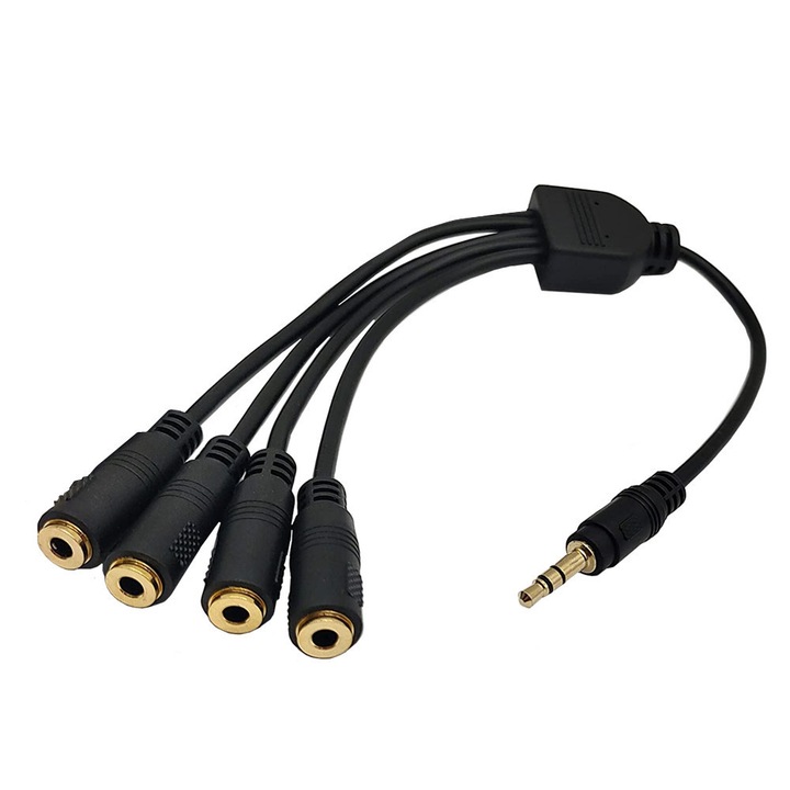 Adaptor Splitter Cablu Auxiliar Jack 3.5mm Tata - 4 x Jack 3.5mm Mama, 30 cm, Negru