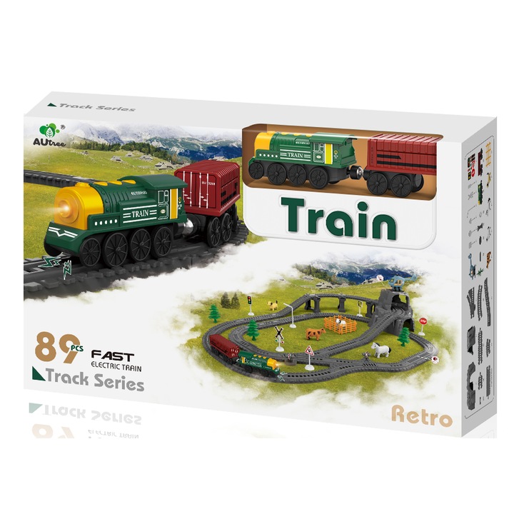 Circuit tren electric cu lumini si sunete, Mappy Retro cu accesorii, 89 piese