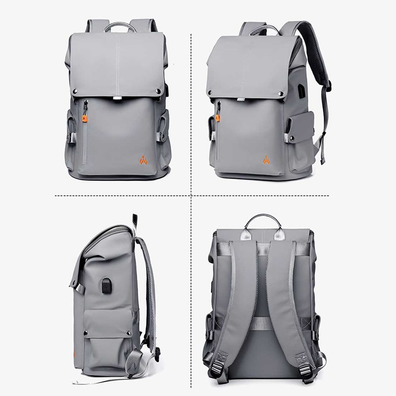 Rucsac pentru laptop, barbati, studenti, rezistent la apa, multifunctional, port USB, gri