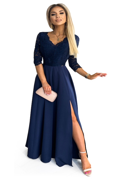 Rochie lunga eleganta din dantela cu crapatura pe picior, Bleumarin, Marimea L