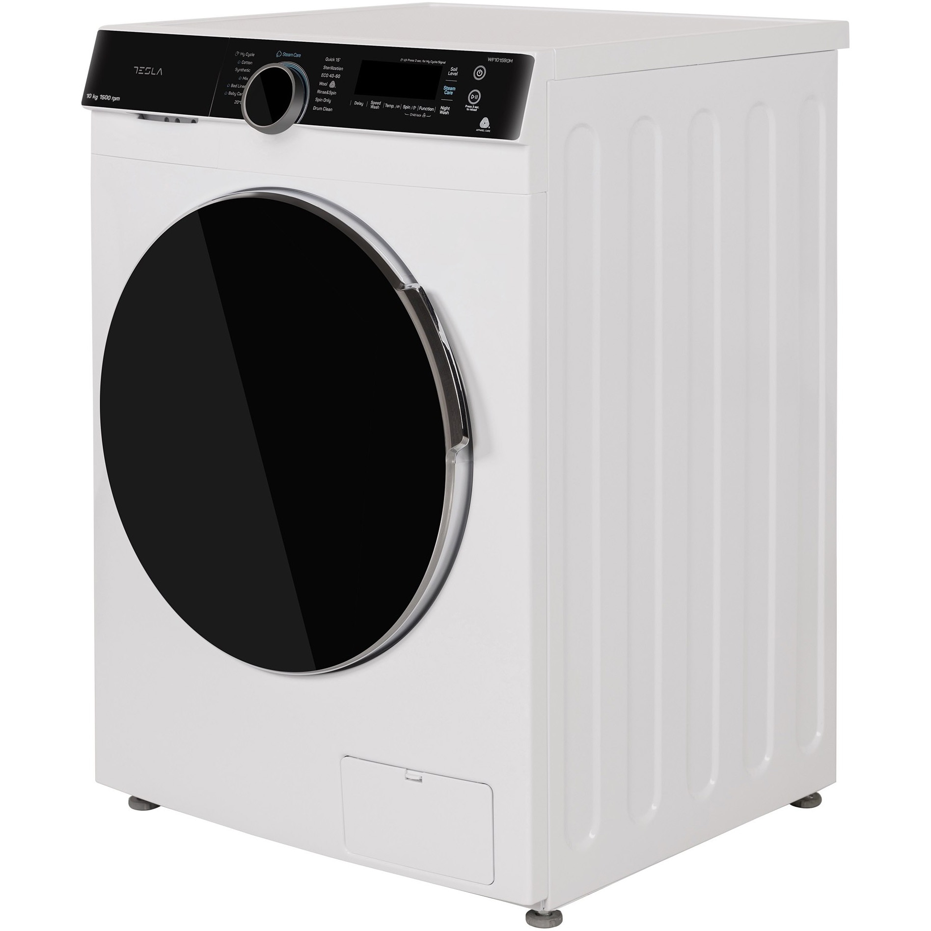 Masina de spalat rufe Tesla Onyx WF101590M, 10 kg, 1500 RPM, Clasa B, Motor Inverter, Touch Screen, Steam Care, Night Wash, SpaCare, Cuva Diamond Shape, Alb