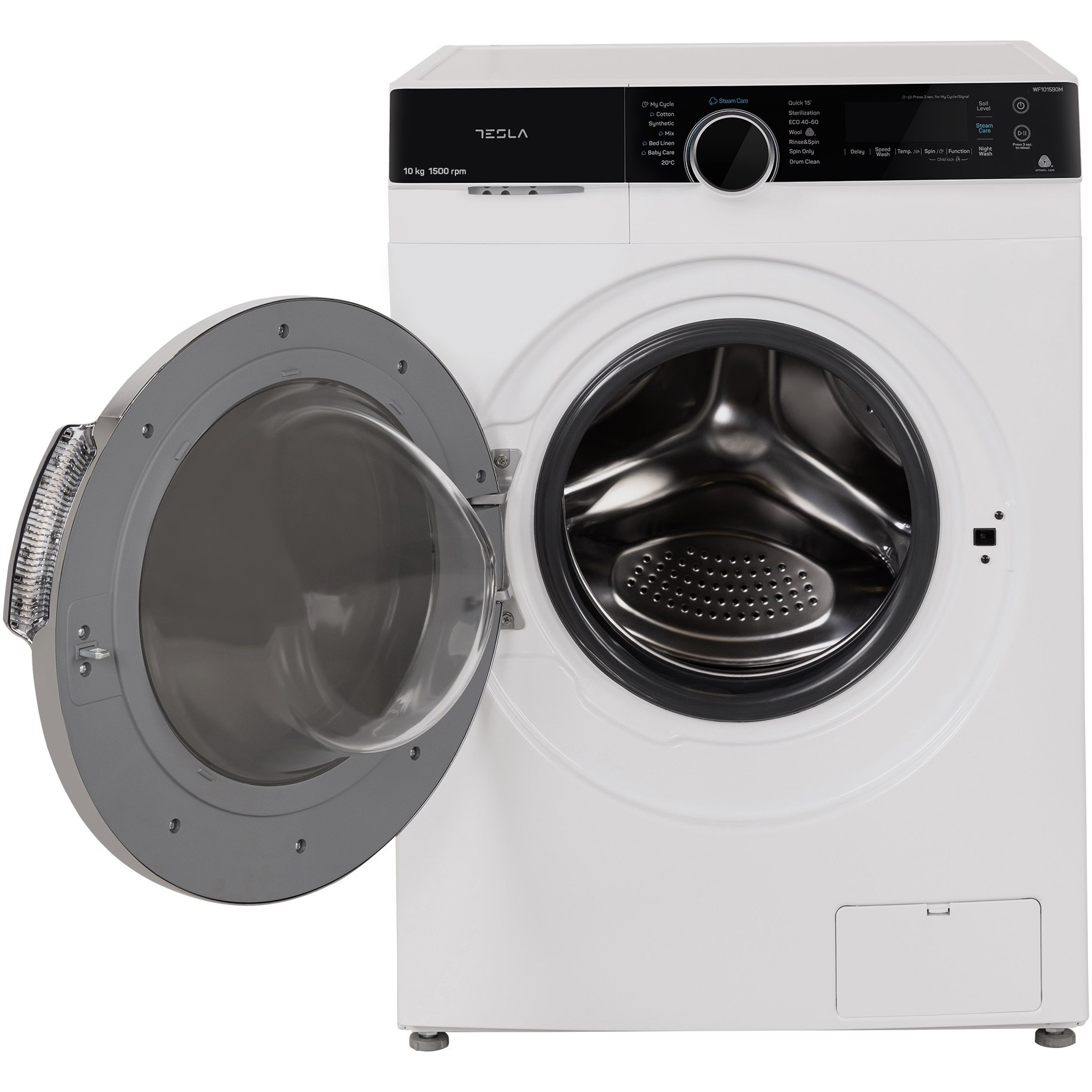Masina de spalat rufe Tesla Onyx WF101590M, 10 kg, 1500 RPM, Clasa B, Motor Inverter, Touch Screen, Steam Care, Night Wash, SpaCare, Cuva Diamond Shape, Alb