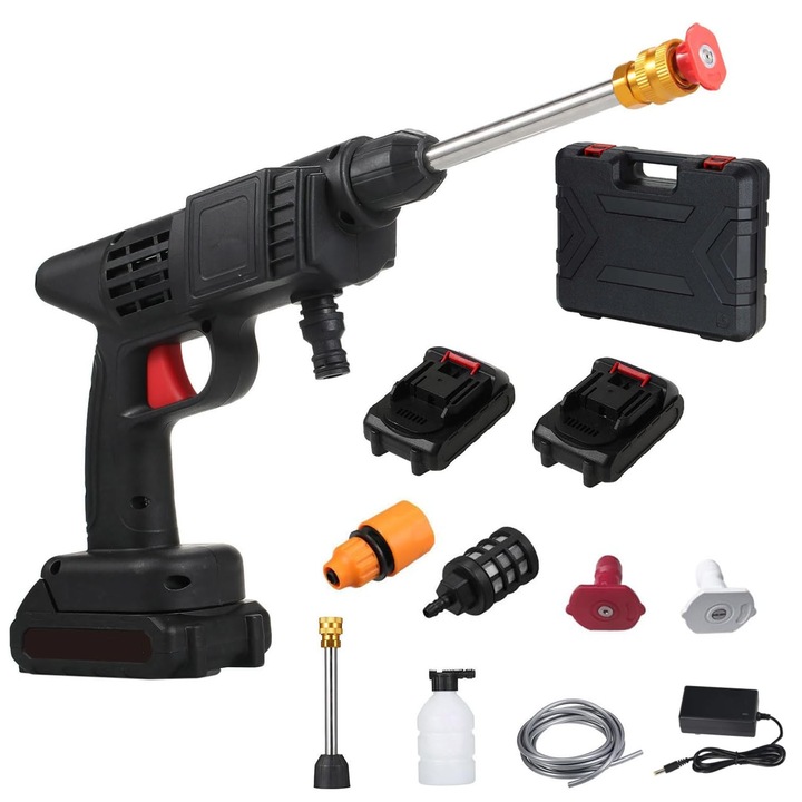 Безжична миячка под налягане (преносима), Axroad Mall, 100 W, двойна 21 V литиева батерия, дизайн с многофункционална дюза, ергономична дръжка, включва филтър, маркуч, контейнер за пръскане и куфар, ABS, черен