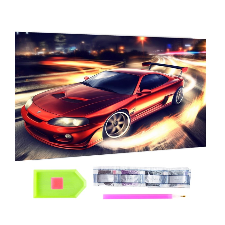 Kit pictura cu diamante 5D, Bimkole, Model masina sport rosie, 30x40 cm, Multicolor
