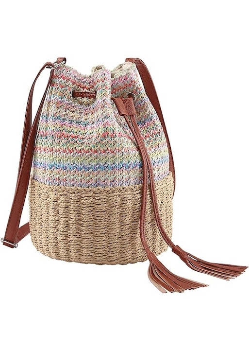Дамска чанта за през рамо, Бохо, Слама/Текстил, Многоцветна