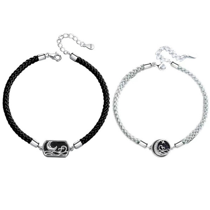 Set 2 bratari cuplu, accesoriu sea, sky si luna, cu zirconiu, reglabile, unisex, negru/gri