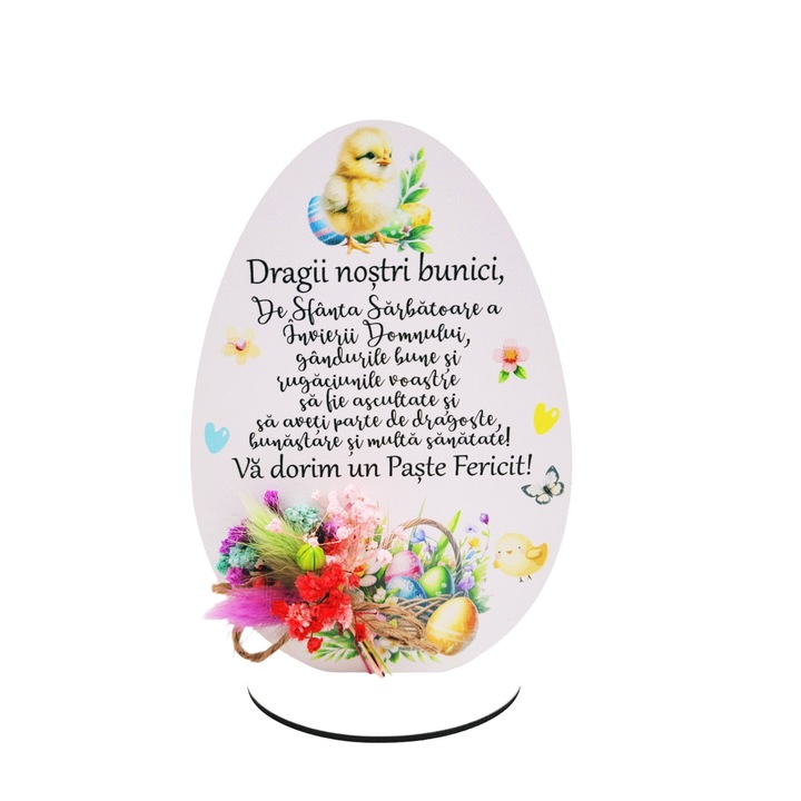 Decoratiune Cadou de Paste pentru Bunici - Ou din lemn personalizat cu mesaj, decorat cu flori naturale stabilizate, 15x10 cm, Rica Dreamart