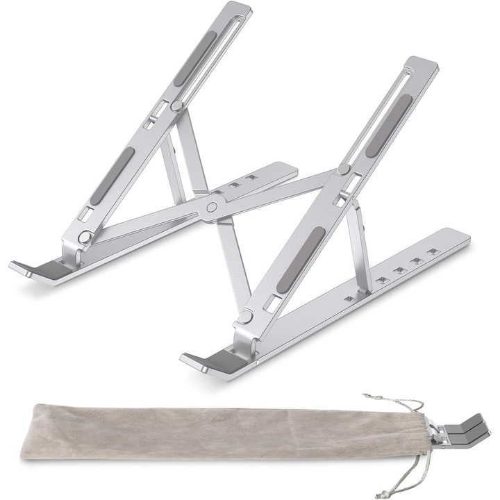 Suport portabil pentru laptop +Qual™, reglabil in inaltime, ergonomic, pliabil, compatibil cu laptopuri de 10-15,6 inchi, argintiu