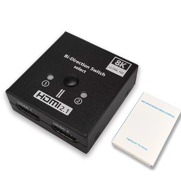 Превключвател HDMI 8k@60Hz HOPE R двупосочен, HDMI2.1, HDCP2.3, 1 x 2 сплитер, 2 x 1 превключвател, черен