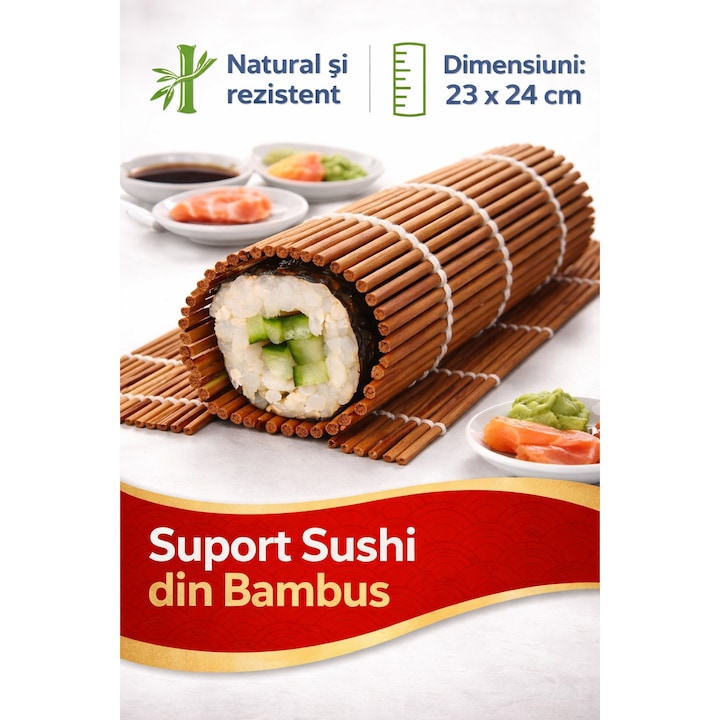 Suport Sushi Din Bambus Shopiens® Covoras Rulare Sushi Tip Makisu Pentru Preparare Sushi 23 x 24 cm