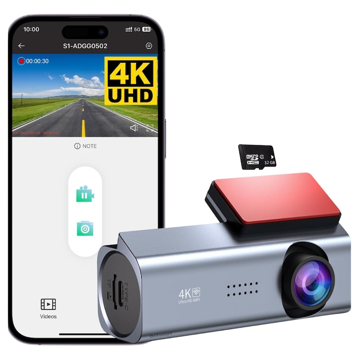 Camera de bord auto DVR OnXsmart®, 4k 2160P UHD, Starvis senzor, WDR, Unghi filmare 170°, Starlight NIGHT VISION, aplicatie WIFI, G-senzor, Loop recording, Monitorizare parcare, CARD SD 32gb inclus