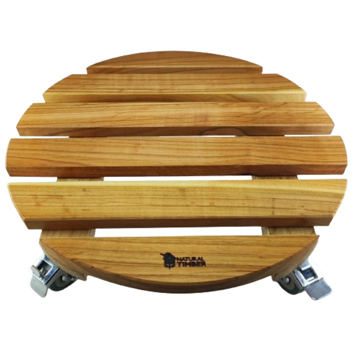 Suport ghiveci pentru flori rotund, diametru 40x11cm., lemn de cires impregnat cu ulei, mobil cu roti pivotante 50mm., interior-exterior, Natural Timber