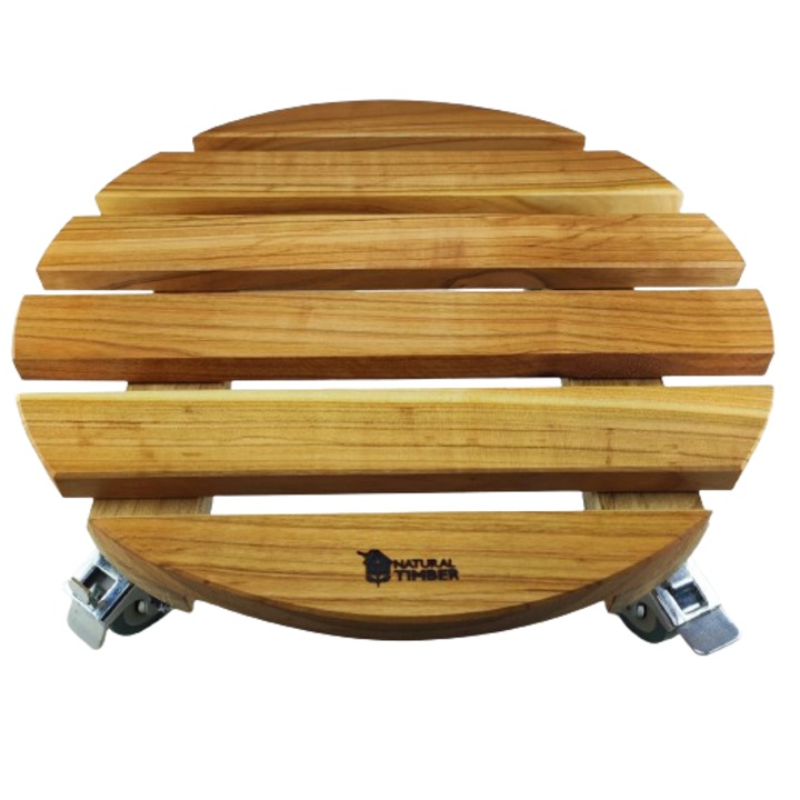 Suport ghiveci pentru flori rotund, diametru 40x11cm., lemn de cires impregnat cu ulei, mobil cu roti pivotante 50mm., interior-exterior, Natural Timber