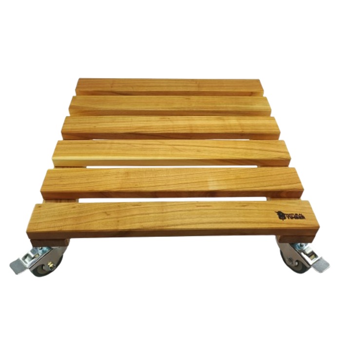 Suport ghiveci pentru flori patrat 40x40x11cm., lemn de cires impregnat cu ulei, mobil cu roti pivotante 50mm., exterior-interior, Natural Timber