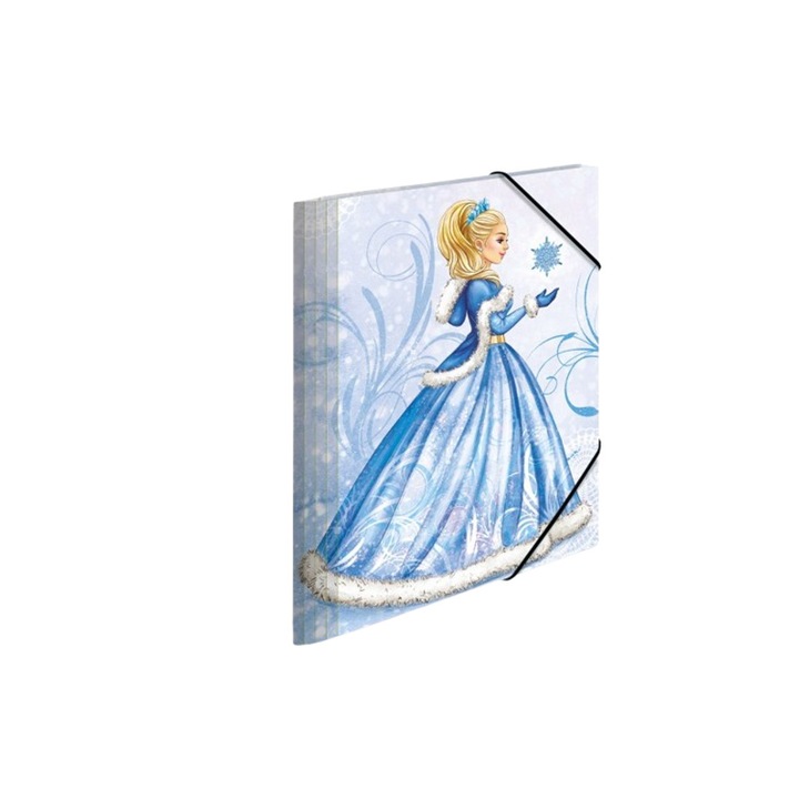 Set 3 dosare cu elastic, carton, albastru cu printesa, 32x24 cm