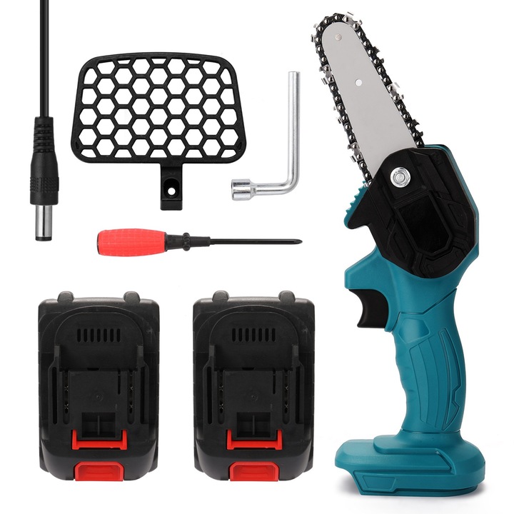 Mini láncfűrész, MOSMAOO, 4", 2 elem, 21V/1200mAh, fához, kék