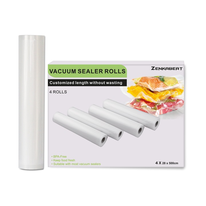 Set 4 role folie profesionala ZKB EasyVac Premium-Q pentru aparate de vidat alimente, universale gofrate, rezistente, fara BPA, compatibilitate universala, 28 x 500, Transparent, Alb