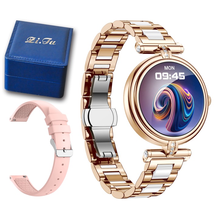 Фитнес гривна и SmartWatch ZAI.TU 2in1, Магнитно зареждане, водоустойчив, FULL Touch Fitness Tracker, Мониторинг на сърдечната честота и кръвното налягане, SpO2 оксиметър, Известия за обаждания и медии, Румънски език, златист цвят