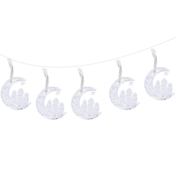 Декоративен гирлянд, Вътрешен/Външен, Модел къща на лунна светлина, 20 светодиода, Дължина 3 M, Топла светлина, Захранван от 3 x AAA батерии