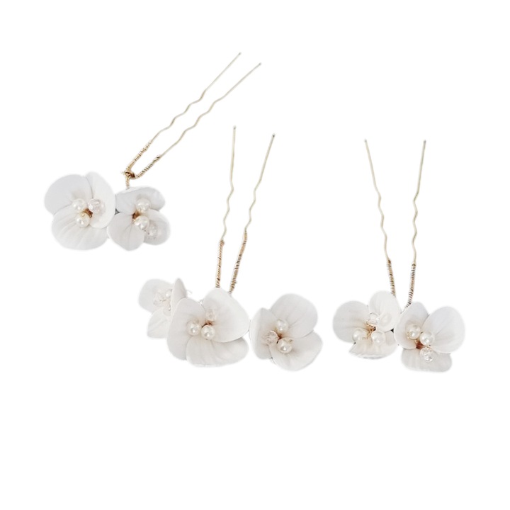 Set agrafe pentru coc mireasa, Lovely4u, Perle/Flori albe, 3 bucati