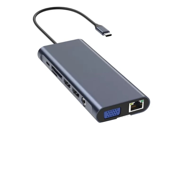 Adapter, USB-C dokkoló, 13 az 1-ben, 1 RJ45 x 1000 Mbps Gigabit Ethernet port, 2x 4K HDMI, 1x VGA port, 3x USB3.0, 1xUSB2.0, 1x USB-C adatport, 1x TypeC PD port, 1 x SD kártyanyílás, 1 x TF kártya, 1 x 3,5 mm-es audio / mikrofon
