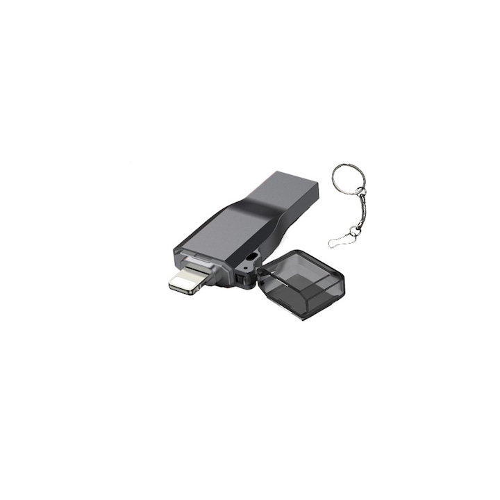 Stick memorie AdyMel®, 128 Gb, 2 IN 1 conexiuni USB 3.0 si Lightning, transfer rapid de date, Negru