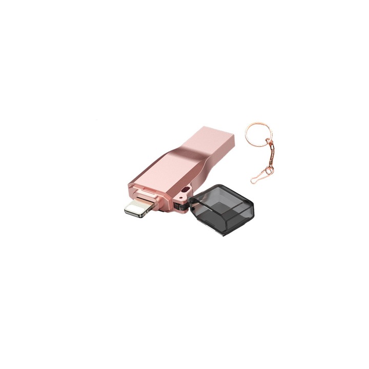 Stick memorie AdyMel®, 128 Gb, 2 IN 1 conexiuni USB 3.0 si Lightning, transfer rapid de date, Roz