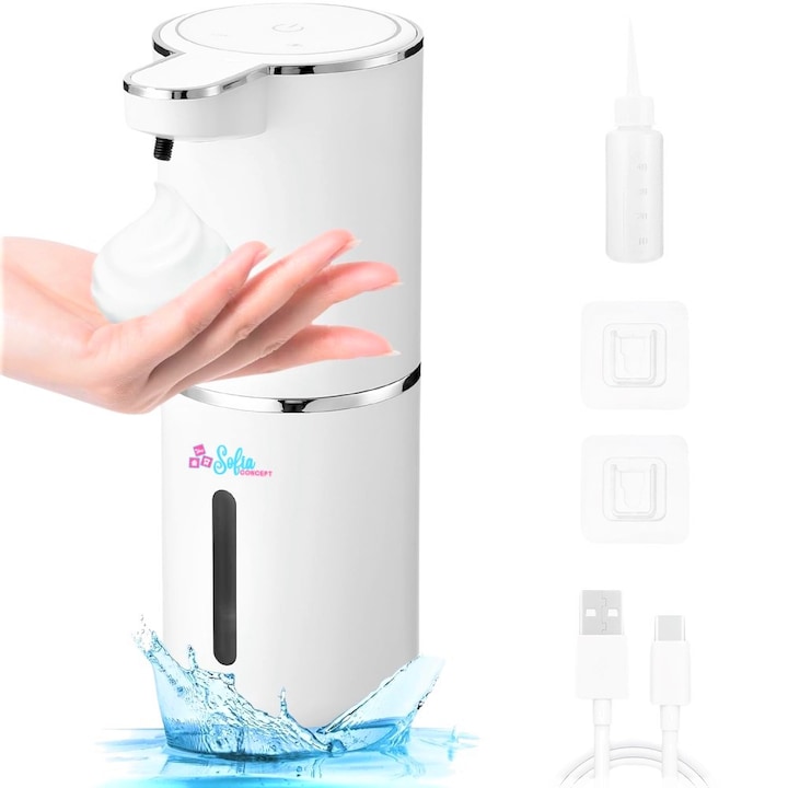 Dispenser Automat Sapun Lichid Sofia CONCEPT®, cu Tehnologia Senzorilor de Miscare Infrarosu PIR, 4 Nivele de Viteza, Impermeabil IPX5, Montare Adeziva pe Perete, cu Acumulator 800mAh, Capacitate 380ml, Display LED, Alb