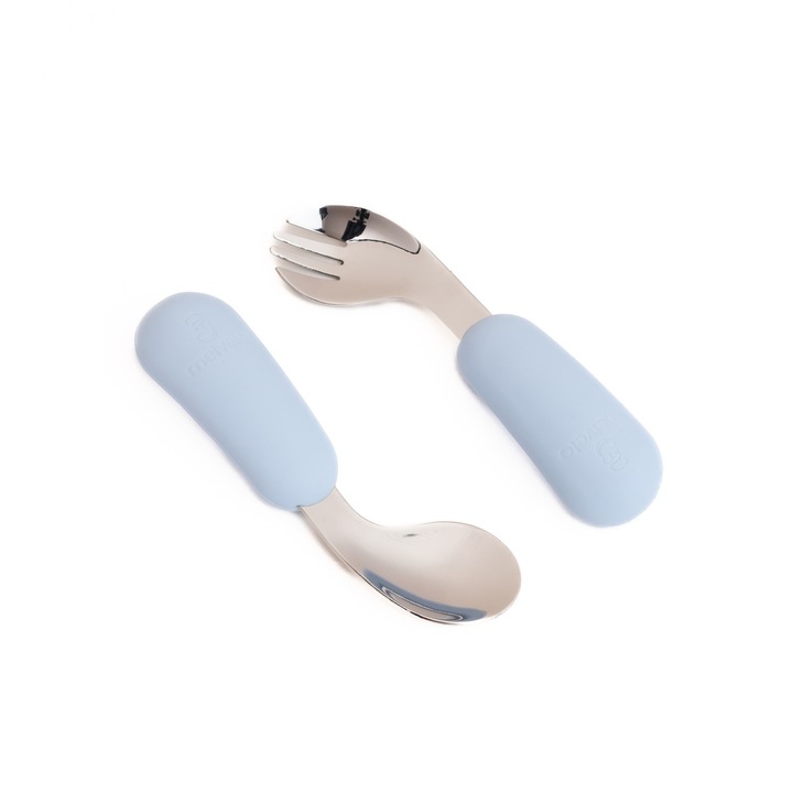 Set tacamuri antrenament Furculita + Lingurita din metal si silicon alimentar, Melvelo - Baby Blue
