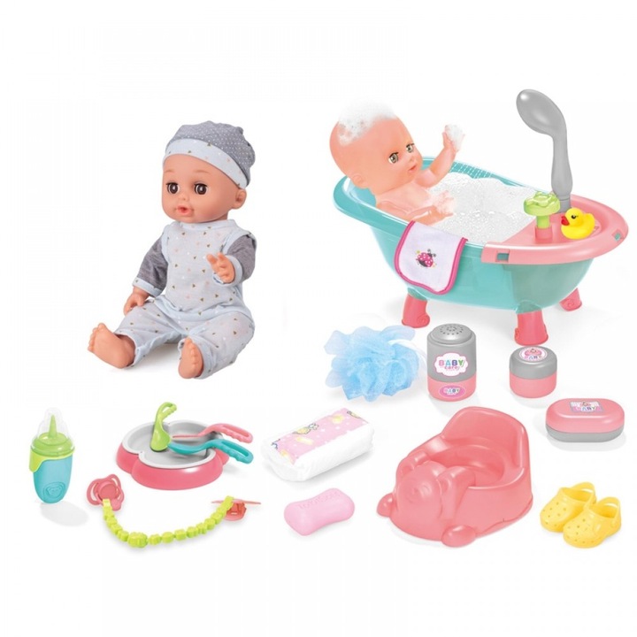 Interaktív baba 35 cm káddal, 12 hanggal és különféle kiegészítőkkel