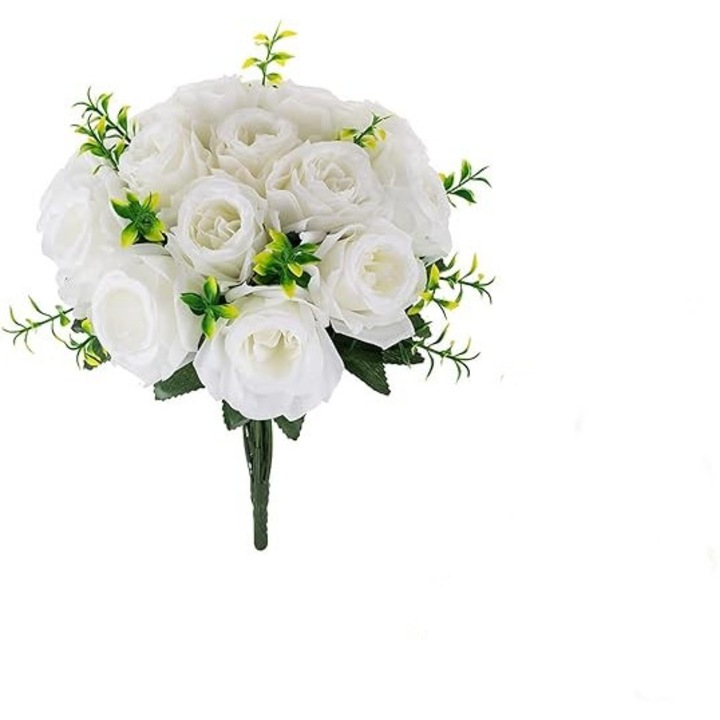 Trandafiri artificial pentru buchet de mireasa, aranjament floral 24 fire, alb