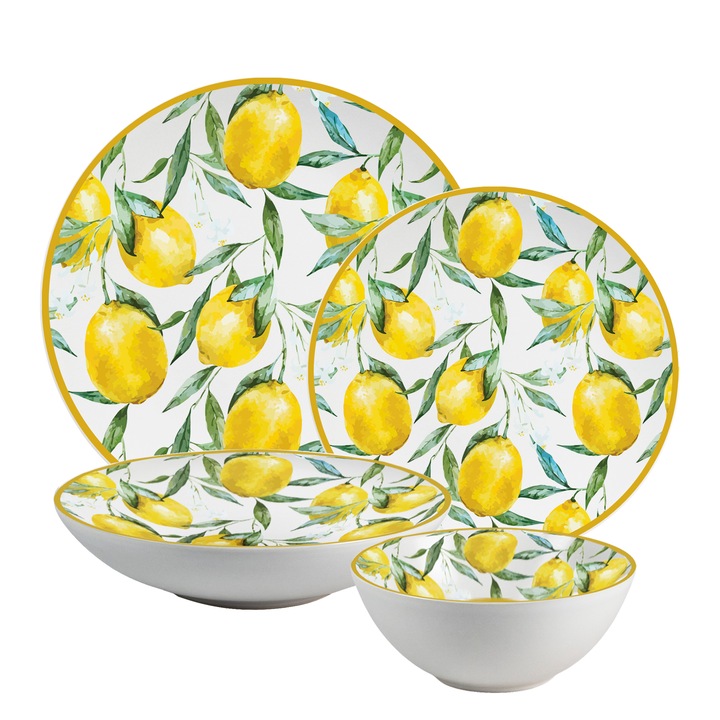Комплект чинии, Луксозен лимон, 16 части, 4 лица, Италиански дизайн, Бяло, декорирано с лимон