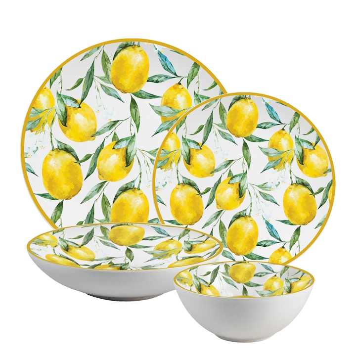 Комплект чинии, Луксозен лимон, 20 части, 5 лица, Италиански дизайн, Бяло, декорирано с лимон