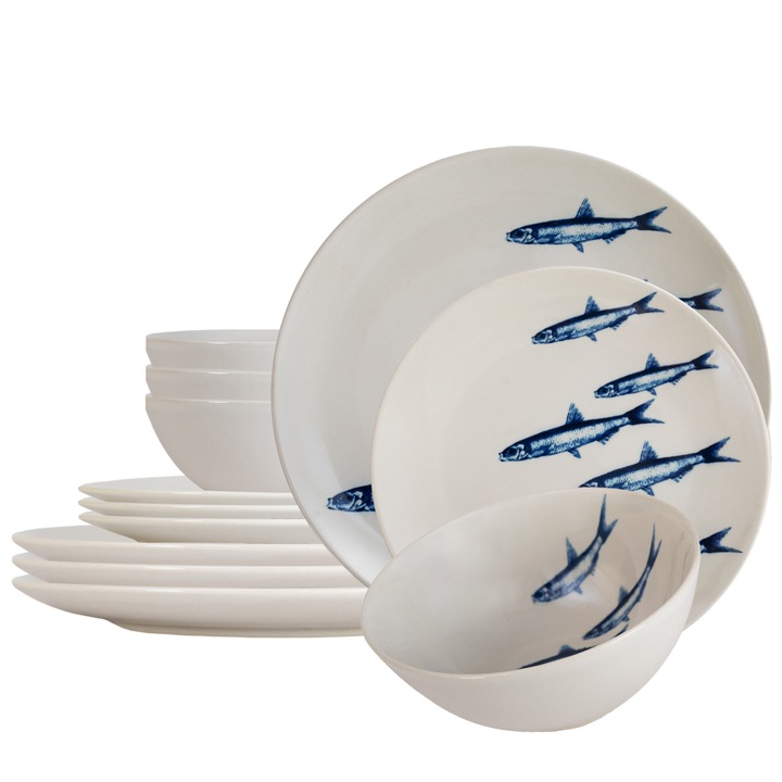 Set farfurii, Bank of fish, 12 piese, pentru 4 persoane, Cesiro, Alb decorat cu pesti albastri