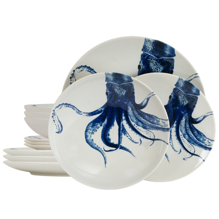 Set farfurii, Jellyfish, 12 piese, pentru 4 persoane, Cesiro, Alb decorat cu meduza