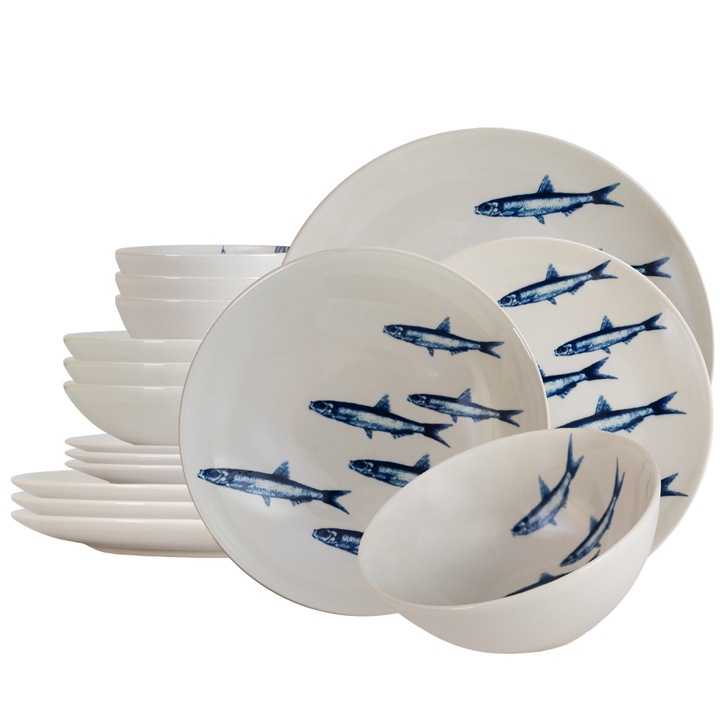 Tányérkészlet, Bank of fish, 16 részes, 4 személyes, Cesiro, Halal díszített fehér