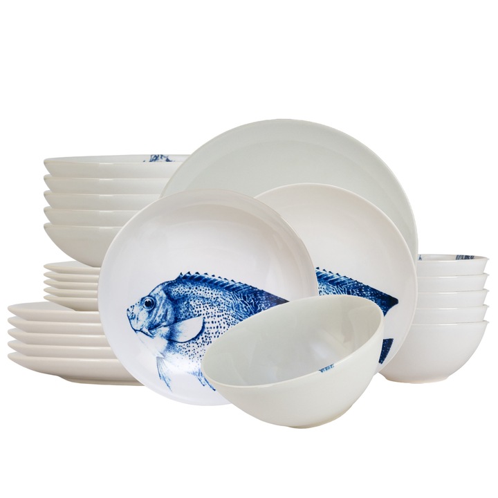 Set farfurii, Fish, 24 piese, pentru 6 persoane, Cesiro, Alb decorat cu pesti