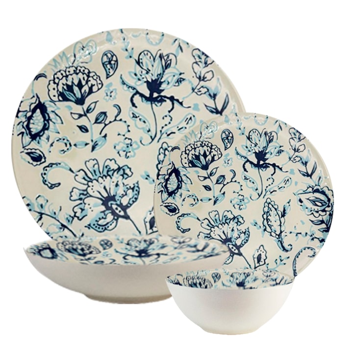 Комплект чинии, Blue Glory, 20 части, 5 лица, италиански дизайн, бяло, декорирано със сини цветя